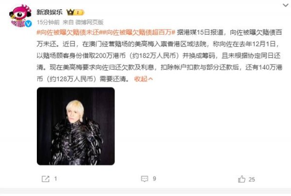 云天华成 向佐被曝欠百万赌债未还，遭澳门美高梅赌场提告追讨，本人暂未回应